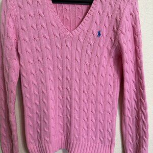 Ralph Lauren V-Neck Cable Knit Sweater, Pink, Size M
